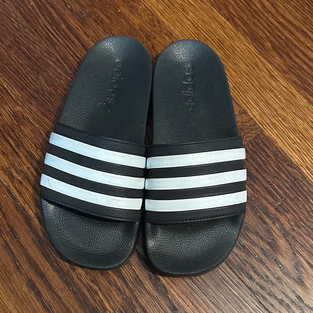 Adidas Black Slides with White Stripes
